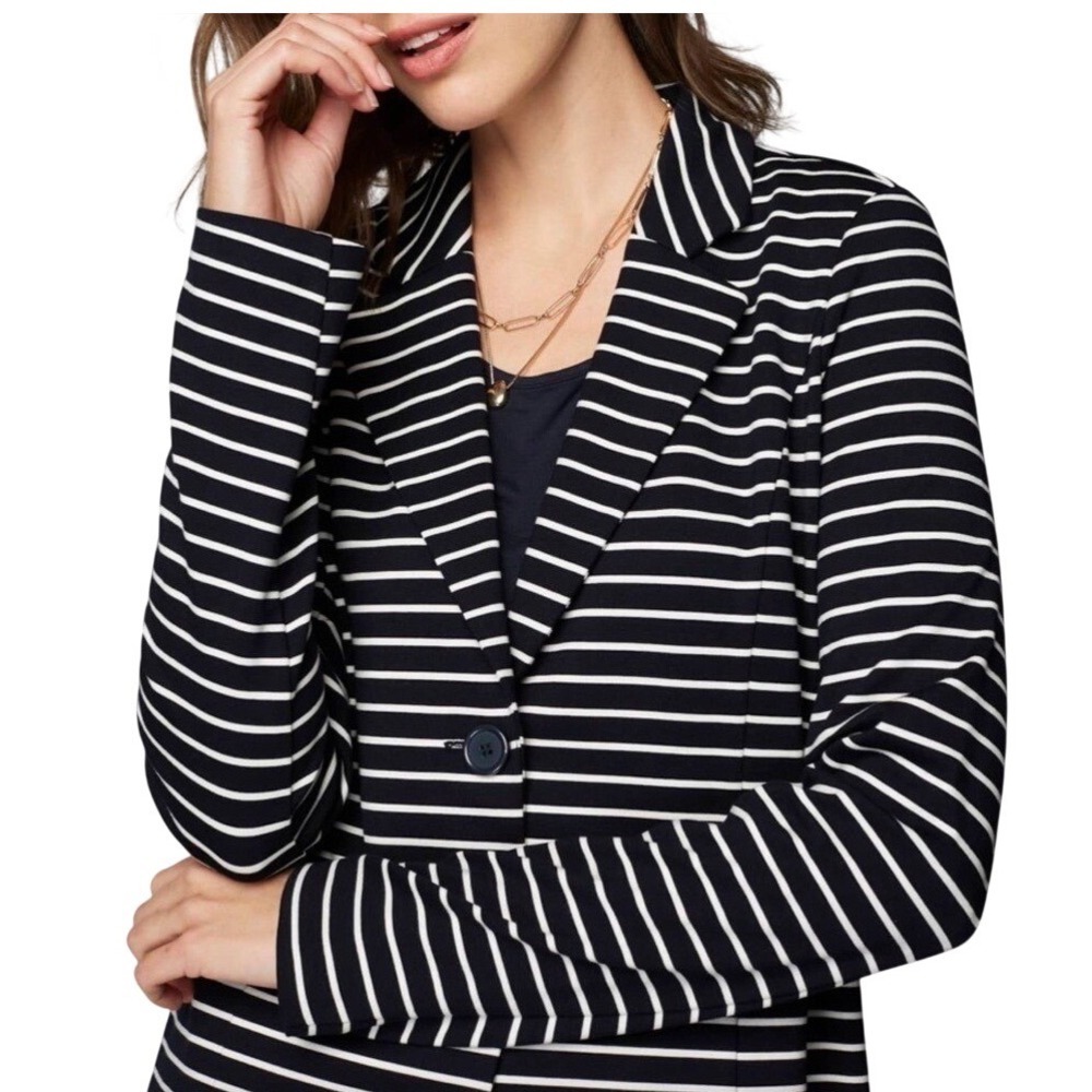 Navy Blue/White Striped Button-Down Blazer Jacket
